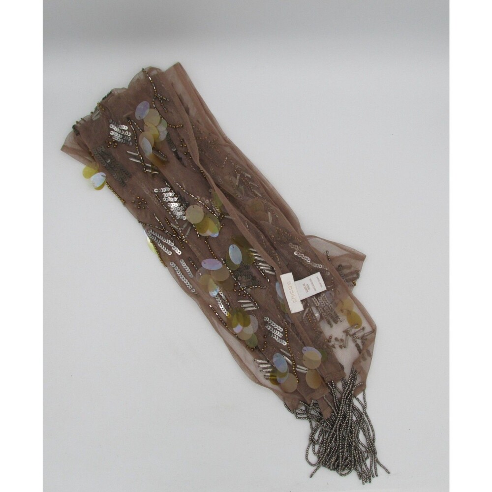 Chico’s Vintage Nylon Mesh Beaded Skinny Scarf Sequin Fringe Y2K Boho Evening